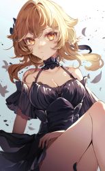 Rule 34 | 1girl, absurdres, alternate costume, bare legs, bare shoulders, black dress, black flower, blonde hair, breasts, cleavage, closed mouth, collarbone, commentary request, dress, feathers, flower, genshin impact, gradient background, hair flower, hair ornament, highres, ichiyume ichiyu, looking at viewer, lumine (genshin impact), medium breasts, off-shoulder dress, off shoulder, short hair with long locks, solo