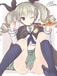 Rule 34 | 10s, 1girl, ;), alternate costume, anchovy (girls und panzer), artist name, bad id, bad twitter id, black neckerchief, black ribbon, black socks, blouse, closed mouth, commentary, drill hair, food, getsumen suibaku ver. a(c), girls und panzer, green hair, green skirt, grey background, hair ribbon, head tilt, heart, highres, holding, holding food, kneehighs, long hair, long sleeves, looking at viewer, midriff, neckerchief, one eye closed, ooarai school uniform, outside border, panties, pantyshot, pizza, pizza slice, pleated skirt, red eyes, ribbon, school uniform, serafuku, shirt, signature, sitting, sketch, skirt, smile, socks, solo, twin drills, twintails, underwear, w arms, white panties, white shirt
