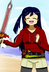 Rule 34 | 1girl, artist name, artist request, beach, black hair, black legwear, blue hair, blue sky, blush, breasts, clenched hand, cloud, dark blue hair, day, closed eyes, female focus, grey eyes, hair ornament, hairclip, highres, holding, holding sword, holding weapon, jacket, light brown pants, long hair, long sleeves, looking at viewer, love live!, love live! nijigasaki high school idol club, medium breasts, ocean, outdoors, parted lips, ponytail, red jacket, side ponytail, sky, smile, solo, sword, weapon, yuki setsuna (love live!)