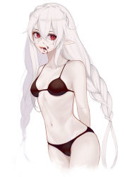 Rule 34 | 1girl, arknights, arms behind back, bare shoulders, bikini, black bikini, blood, blood on face, braid, breasts, chinese commentary, collarbone, commentary request, cowboy shot, crown braid, eyeshadow, hair between eyes, highres, long hair, lta rsws, makeup, navel, official alternate costume, pointy ears, red eyes, sidelocks, silver hair, simple background, small breasts, solo, standing, stomach, swimsuit, twin braids, very long hair, warfarin (arknights), warfarin (casual vacation) (arknights), white background