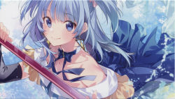 Rule 34 | 1girl, absurdres, bare shoulders, blue background, blue choker, blue eyes, blue hair, blue ribbon, choker, closed mouth, collarbone, detached sleeves, dot nose, earrings, end card, frills, gradient background, hands up, highres, holding, holding staff, jewelry, light blush, looking at viewer, magia record: mahou shoujo madoka magica gaiden, mahou shoujo madoka magica, medium hair, minami rena, off-shoulder shirt, off shoulder, official art, ribbon, ribbon choker, shirt, simple background, smile, solo, staff, striped clothes, striped shirt, tareme, triangle earrings, two side up, u35, water, water drop, white background