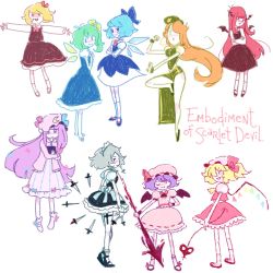 Rule 34 | 6+girls, apron, ascot, barefoot, bat wings, beret, between fingers, blonde hair, blue eyes, blue hair, blush, bobby socks, book, bow, braid, cardigan, cirno, crescent, dagger, daiyousei, demon girl, dress, dress shirt, embodiment of scarlet devil, fang, flandre scarlet, frills, gloves, green eyes, green hair, hair bow, hair ribbon, hat, head wings, highres, holding, holding book, holster, hong meiling, izayoi sakuya, kaymurph, knife, koakuma, laevatein, long hair, maid, maid apron, maid headdress, mary janes, multiple girls, one eye closed, open mouth, orange hair, outstretched arms, patchouli knowledge, pinafore dress, puffy short sleeves, puffy sleeves, purple hair, red eyes, red hair, remilia scarlet, ribbon, rumia, shirt, shoes, short hair, short sleeves, side braid, side ponytail, silver hair, skirt, skirt set, sleeveless, sleeveless dress, smile, socks, spear the gungnir, standing, standing on one leg, thigh holster, tiptoes, touhou, twin braids, weapon, white background, white legwear, wings, wink, wrist cuffs