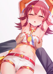 Rule 34 | 1girl, ahoge, armpits, bandeau, belt, breasts, breath, crotch seam, detached collar, disembodied hands, frills, hair ornament, hairclip, highres, idol, idolmaster, idolmaster shiny colors, komiya kaho, long hair, looking at viewer, midriff, navel, nipple stimulation, nipple tweak, open mouth, pov, pussy juice stain, red eyes, red hair, satou kuuki, see-through, shooting star hair ornament, short shorts, shorts, small breasts, smile, solo focus, star (symbol), star hair ornament, sweat, tickling, tickling breasts, torogao
