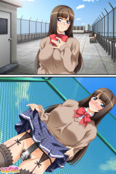 Rule 34 | 1girl, :c, amagamido, blue eyes, blunt bangs, blush, bow, breasts, brown hair, brown sweater, chastity belt, checkered clothes, checkered skirt, clothes lift, female pubic hair, garter belt, glasses, highres, large breasts, long hair, long sleeves, looking at viewer, outdoors, pubic hair, red bow, rimless eyewear, rooftop, school, skirt, skirt lift, sky, sleeves past wrists, smile, sweater, thighhighs