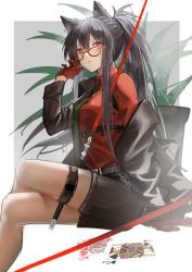 Rule 34 | 1girl, animal ears, arknights, arm up, bespectacled, black hair, black jacket, black shorts, chain, crossed legs, feet out of frame, glasses, gloves, green necktie, hair between eyes, highres, jack (playing card), jack of spades, jacket, long hair, looking at viewer, necktie, off shoulder, official alternate costume, open clothes, open jacket, orange eyes, plant, ponytail, queen (playing card), queen of hearts (playing card), red gloves, red shirt, shirt, shorts, sitting, solo, texas (arknights), texas (willpower) (arknights), thigh strap, very long hair, wolf ears, yolanda