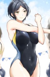 Rule 34 | 3girls, absurdres, bare shoulders, black hair, black one-piece swimsuit, blue sky, blush, breasts, closed mouth, competition swimsuit, covered navel, day, hayami kanade, highleg, highleg swimsuit, highres, idolmaster, idolmaster cinderella girls, kuguri oimo, large breasts, looking to the side, multiple girls, one-piece swimsuit, parted bangs, short hair, sky, smile, solo focus, stretching, swimsuit, thighs, yellow eyes