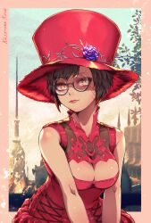 Rule 34 | 1girl, breasts, brown hair, cleavage, cleavage cutout, closed mouth, clothing cutout, dress, final fantasy, final fantasy xiv, glasses, highres, large breasts, lochris, looking at viewer, miqo&#039;te, red dress, red headwear, round eyewear, short hair, solo, warrior of light (ff14), yellow eyes