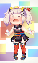 Rule 34 | 1girl, :i, animal, bare shoulders, black dress, black footwear, blush, boots, cleavage cutout, closed mouth, clothing cutout, commentary request, crab, crying, dress, closed eyes, facing viewer, fang, food, food on head, full body, highres, kaguya luna, nose blush, obi, object on head, open mouth, pigeon-toed, red thighhighs, sash, shiro hakuchou, shrimp, shrimp tempura, silver hair, sleeveless, sleeveless dress, solo, standing, tears, tempura, the moon studio, thighhighs, twintails, virtual youtuber