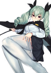 Rule 34 | 10s, 1girl, anchovy (girls und panzer), anzio school uniform, black cape, black necktie, black ribbon, blush, cape, clothes pull, dress shirt, drill hair, girls und panzer, green hair, hair ribbon, highres, kagematsuri, long hair, long sleeves, looking at viewer, necktie, no shoes, pantyhose, pantyhose pull, red eyes, ribbon, riding crop, school uniform, shirt, simple background, smile, solo, twin drills, twintails, white background, white pantyhose, white shirt