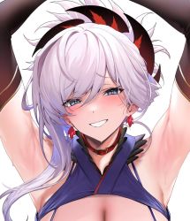 Rule 34 | 1girl, :d, armpits, arms up, blue eyes, breasts, brown gloves, cleavage, cleavage cutout, clothing cutout, dress, elbow gloves, fate/grand order, fate (series), gloves, grin, hair ornament, looking at viewer, medium breasts, miyamoto musashi (fate), miyamoto musashi (first ascension) (fate), open mouth, pink hair, sleeveless, sleeveless dress, smile, solo, teeth, ulrich (tagaragakuin), upper body