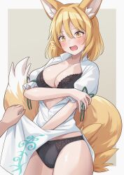 Rule 34 | 1girl, 1other, absurdres, animal ears, black panties, blonde hair, blush, breasts, cleavage, clothes lift, collarbone, cowboy shot, flying sweatdrops, fox ears, fox tail, green ribbon, hair between eyes, highres, kudamaki tsukasa, large breasts, open mouth, panties, ramie (ramie541), revision, ribbon, romper, short hair, solo focus, tail, touhou, underwear, white romper, yellow eyes