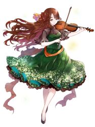 Rule 34 | 1girl, black footwear, bow (music), breasts, brown eyes, brown hair, chain paradox, dress, flower, full body, green dress, hair flower, hair ornament, highres, holding, holding bow (music), holding instrument, holding violin, instrument, jm pbw, long hair, music, nanamori minoru, open mouth, playing instrument, small breasts, solo, standing, transparent background, very long hair, violin