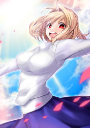 Rule 34 | 1girl, :d, ahoge, antenna hair, arcueid brunestud, backlighting, blonde hair, blue sky, breasts, cloud, cloudy sky, commentary request, cowboy shot, day, eyebrows, hair intakes, happy, highres, long skirt, long sleeves, medium breasts, melty blood, miton (caramel choco), open mouth, outdoors, outstretched arms, petals, red eyes, round teeth, short hair, skirt, sky, smile, solo, standing, sun, sunlight, sweater, teeth, tongue, tsukihime, turtleneck, turtleneck sweater, type-moon