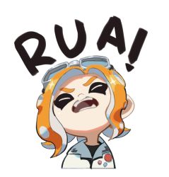 Rule 34 | closed eyes, commentary, goggles, goggles on head, nintendo, octoling, octoling girl, octoling player character, open mouth, orange hair, shouting, simple background, solo, splatoon (series), splatoon 2, tentacle hair, upper body, waterkuma, white background