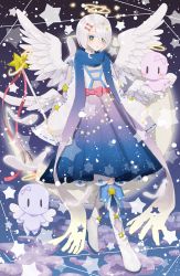 Rule 34 | 1girl, absurdres, angel, angel wings, blue eyes, blue skirt, cherub, cloud, crescent moon, eyes visible through hair, feathered wings, feathers, full body, hair ornament, hair over one eye, hairclip, halo, highres, holding, holding scepter, long scarf, moon, multicolored clothes, multicolored scarf, multiple wings, original, rihaku ritsu, scarf, scepter, shoes, short hair, silver hair, skirt, sleeves past fingers, sleeves past wrists, star-shaped pupils, star (symbol), star hair ornament, star print, starry background, symbol-shaped pupils, white footwear, wings