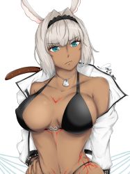 Rule 34 | 1girl, animal ears, bikini, black hairband, blue eyes, body markings, breasts, caenis (fate), cleavage, closed mouth, commentary request, dark-skinned female, dark skin, dog ears, dog tags, fate/grand order, fate (series), hair intakes, hairband, hand on own hip, highleg, highleg bikini, highleg bikini bottom, highres, honeymelon, jacket, large breasts, solo, studded jacket, swimsuit, tattoo, white background, white hair