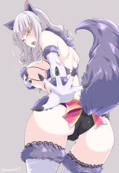 Rule 34 | 1girl, animal ears, ass, breasts, carmilla (fate), cosplay, covering one breast, covering privates, elbow gloves, fate/grand order, fate (series), fur trim, gloves, halloween costume, kichihachi, large breasts, long hair, mash kyrielight, mash kyrielight (dangerous beast), mash kyrielight (dangerous beast) (cosplay), navel, official alternate costume, silver hair, solo, tail, thighhighs, wolf ears, wolf tail, yellow eyes