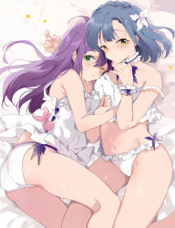 Rule 34 | ahoge, armband, bad id, bad pixiv id, bare legs, bare shoulders, bed sheet, blue hair, blush, bow, bow choker, breasts, character request, chin rest, choker, cleavage, clenched hand, closed mouth, commentary request, copyright request, frilled armband, frilled choker, frilled panties, frilled shirt, frilled underwear, frills, green eyes, hair bow, hair ornament, hand on another&#039;s chest, hand on own chin, head on head, head rest, head tilt, highres, idolmaster, idolmaster million live!, legs on another&#039;s leg, lingerie, long hair, looking at viewer, lying, medium breasts, medium hair, mochizuki anna, nail, nail polish, nanao yuriko, navel, nonoyama, one eye closed, panties, parted bangs, parted lips, pink nails, purple bow, purple hair, shirt, side-tie panties, underwear, white armband, white bow, white choker, white panties, white shirt, yellow eyes