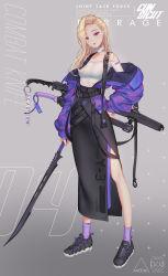 Rule 34 | 1girl, artist name, belt, black skirt, blonde hair, breasts, caution tape, choker, coat, collarbone, combat knife, eyelashes, eyes visible through hair, fingernails, grey background, highres, holding, holding weapon, knife, lips, long fingernails, long hair, long skirt, long sleeves, looking at viewer, love cacao, medium breasts, original, purple eyes, sheath, sheathed, shoelaces, shoes, simple background, skirt, sneakers, socks, solo, stamp, standing, strapless, sword, weapon