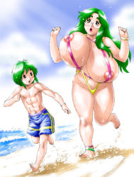 Rule 34 | age difference, beach, bikini, blush, breasts, glasses, green hair, huge breasts, mature female, mole, mother and son, nipples, red eyes, swimsuit, tagme, waku jinpei