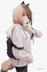 1girl animal_ear_fluff animal_ears backpack bag black_pants brown_hair closed_mouth commentary_request drawstring grey_background grey_hair hand_in_pocket highres hood hood_down hoodie long_sleeves looking_at_viewer mayogii original pants puffy_long_sleeves puffy_sleeves signature simple_background solo tail white_hoodie