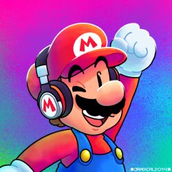 Rule 34 | 1boy, arm up, big nose, black eyes, black headphones, blue overalls, buttons, cabbie hat, chin, clenched hand, deviantart username, facial hair, gloves, hat, highres, jradical2014, letter, long sleeves, looking at viewer, mario, mario (series), mustache, nintendo, one eye closed, open mouth, overalls, profile picture, rainbow background, red hat, red shirt, shirt, smile, solid oval eyes, super mario run, teeth, thick eyebrows, upper body, upper teeth only, white gloves