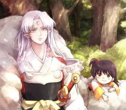 Rule 34 | 1boy, 1girl, age difference, armor, black hair, child, crescent moon, dai (mebae16), demon boy, facial mark, forehead mark, forest, fur, inuyasha, long hair, moon, nature, parted bangs, pointy ears, rin (inuyasha), sesshoumaru, side ponytail, silver hair, slit pupils, smile, sunlight, sword, tree, weapon, yellow eyes