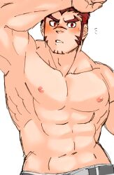 Rule 34 | 1boy, abs, akashi (live a hero), arm up, armpits, bad id, bad pixiv id, bara, belt, blush, facial hair, goatee, large pectorals, live a hero, long sideburns, looking at viewer, male focus, muscular, muscular male, navel, nipples, oskn tengoku, parted lips, pectorals, presenting armpit, red eyes, red hair, scar, scar on face, scar on nose, short hair, sideburns, solo, thick eyebrows, topless male, unfinished