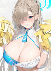 Rule 34 | 1girl, asuna (blue archive), blue archive, blue eyes, blush, breasts, cheerleader, cleavage, crop top, eyes visible through hair, gloves, hair over one eye, halo, highres, holding, holding pom poms, huge breasts, light brown hair, long hair, looking at viewer, millennium cheerleader outfit (blue archive), pom pom (cheerleading), pom poms, smile, solo, teeth, toukaiseiya, upper body, white gloves