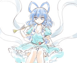 Rule 34 | 1girl, aqua dress, blue eyes, blue hair, blue vest, breasts, chisel, commentary request, dress, drill hair, drill sidelocks, flower, frilled dress, frills, hagoromo, hair rings, kaku seiga, looking at viewer, medium breasts, medium hair, naegi (naegidokoro), open clothes, open vest, petticoat, puffy short sleeves, puffy sleeves, shawl, short sleeves, sidelocks, simple background, sitting, smile, solo, touhou, vest, white background