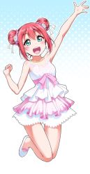 Rule 34 | 1girl, armpits, arms up, blush, bow, breasts, double bun, dress, earrings, frilled dress, frills, green eyes, hair between eyes, hair bun, hair ornament, hair ribbon, hand up, jewelry, kurosawa ruby, looking at viewer, love live!, love live! school idol festival, love live! sunshine!!, necklace, open mouth, pink bow, polka dot, polka dot background, red hair, ribbon, small breasts, smile, solo, strapless, strapless dress, thank you friends!!, white dress, white footwear, yopparai oni