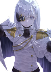 Rule 34 | 1girl, absurdres, belt, black belt, black scarf, blunt ends, buttons, cape, chain, closed mouth, collared cape, detached sleeves, epaulettes, fur-trimmed sleeves, fur scarf, fur trim, garrison cap, gloves, grey eyes, hat, high collar, highres, holding, holding riding crop, izumi kanagi, long hair, long sleeves, magia record: mahou shoujo madoka magica gaiden, magical girl, mahou shoujo madoka magica, medium hair, monocle, one eye covered, opaque monocle, riding crop, riri (ririwaldorf), scarf, shirt, simple background, solo, two-sided cape, two-sided fabric, upper body, white background, white cape, white gloves, white hair, white hat, white shirt, wrinkled fabric
