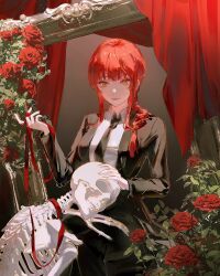 Rule 34 | black necktie, black suit, braid, business suit, chainsaw man, closed mouth, collared shirt, commentary, flower, formal, highres, kei (keiuu), long hair, looking at viewer, makima (chainsaw man), necktie, orange eyes, red flower, red hair, red rose, ringed eyes, rose, shirt, sidelocks, single braid, skeleton, smile, suit, white shirt