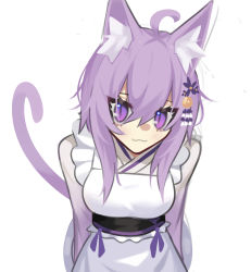 Rule 34 | 1girl, absurdres, alternate costume, animal ear fluff, animal ears, breasts, cat ears, cat tail, ghost (tama), highres, hololive, leaning forward, maid, medium breasts, nekomata okayu, nekomata okayu (new year), purple eyes, purple hair, solo, tail, virtual youtuber, wa maid, white background
