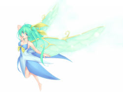 Rule 34 | 1girl, adapted costume, aged up, ahoge, alternate costume, aqua eyes, arm behind head, barefoot, breasts, cleavage, daiyousei, die blonde bestie, dress, fairy wings, female focus, full body, green hair, hair ribbon, highres, large wings, long hair, open mouth, pointy ears, ribbon, side ponytail, simple background, solo, touhou, white background, wings