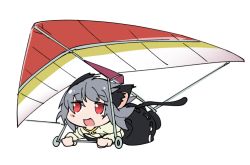 Rule 34 | 1girl, animal ears, blush, capelet, commentary request, cookie (touhou), dress, full body, grey dress, grey hair, hair blowing, hang gliding, ixy, long sleeves, mouse ears, mouse girl, mouse tail, nazrin, nyon (cookie), open mouth, red eyes, shirt, short hair, simple background, smile, solo, tail, touhou, white background, white capelet, white shirt