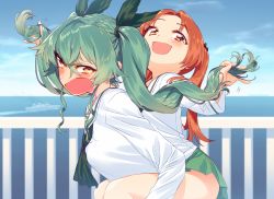 Rule 34 | 10s, 2girls, alternate costume, anchovy (girls und panzer), black ribbon, blew andwhite, blouse, brown eyes, brown hair, carrying, cloud, cloudy sky, commentary request, day, drill hair, girls und panzer, green hair, green skirt, hair ribbon, highres, kadotani anzu, long hair, long sleeves, looking at viewer, looking back, miniskirt, multiple girls, neckerchief, ocean, ooarai school uniform, open mouth, parted bangs, piggyback, playing with another&#039;s hair, pleated skirt, red eyes, ribbon, school uniform, serafuku, shirt, skirt, sky, twin drills, twintails, white shirt