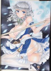 Rule 34 | 1girl, adapted costume, back bow, bare shoulders, black footwear, blue eyes, blue skirt, blush, bow, braid, breasts, closed mouth, frilled skirt, frills, from side, green bow, grey hair, hair bow, high heels, holding, izayoi sakuya, large breasts, light smile, looking at viewer, maid, maid headdress, marker (medium), medium hair, mikeko (user zntg7852), nipples, outdoors, panties, photo (medium), pocket watch, skirt, solo, thighhighs, touhou, traditional media, twin braids, underwear, watch, white bow, white panties, white thighhighs