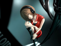 Rule 34 | 1girl, boots, breasts, brown eyes, brown hair, female focus, foreshortening, hair over one eye, headphones, meiko (vocaloid), short hair, skirt, solo, stool, sumito, vest, vocaloid