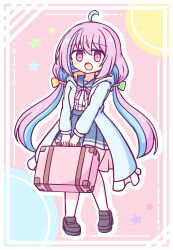 Rule 34 | 1girl, :o, ahoge, black footwear, blue coat, blue hair, blue sailor collar, blue skirt, blush, bow, center frills, coat, dot nose, eyes visible through hair, frilled coat, frills, full body, green bow, hair between eyes, hair bow, highres, holding, holding suitcase, hood, hood down, hooded coat, kashimu, long hair, long sleeves, miniskirt, multicolored hair, neck ribbon, open clothes, open coat, open mouth, original, outline, pantyhose, pink background, pink eyes, pink hair, pink ribbon, pleated skirt, ribbon, sailor collar, shirt, shoes, sidelocks, skirt, solo, star (symbol), streaked hair, suitcase, twintails, two-tone hair, white outline, white pantyhose, white shirt, yellow bow