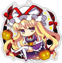 Rule 34 | 1girl, artist name, blonde hair, bow, breasts, chibi, choker, cleavage, clothes lift, corset, crossed legs, dress, dress lift, elbow gloves, frilled dress, frills, gloves, hair bow, half-closed eyes, halloween, hat, hat ribbon, high heels, jack-o&#039;-lantern, katagiri chisato, long hair, looking at viewer, lowres, mob cap, outline, pointing, pointing up, puffy short sleeves, puffy sleeves, purple dress, purple footwear, ribbon, ribbon choker, shoes, short sleeves, smile, solo, star (symbol), thighhighs, thighs, touhou, very long hair, white gloves, white thighhighs, yakumo yukari