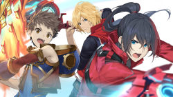 Rule 34 | 3boys, black eyes, black hair, blonde hair, blue eyes, brown hair, closed mouth, detached sleeves, fire, holding, holding sword, holding weapon, jacket, long hair, looking at viewer, male focus, monado, multiple boys, noah (xenoblade), open mouth, over shoulder, ponytail, red jacket, rex (xenoblade), shulk (xenoblade), sword, upper body, weapon, weapon over shoulder, xenoblade chronicles (series), xenoblade chronicles 1, xenoblade chronicles 2, xenoblade chronicles 3, yappen