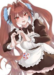 1girl animal_ears apron black_bow black_bowtie black_dress black_thighhighs bow bowtie daiwa_scarlet_(umamusume) dress frilled_apron frilled_dress frills heart heart_hands horse_ears horse_girl horse_tail long_hair long_sleeves looking_at_viewer maid maid_apron maid_headdress open_mouth orange_eyes orange_hair sarachi_(sara_dayluv) simple_background solo tail thighhighs twintails umamusume very_long_hair white_apron white_background