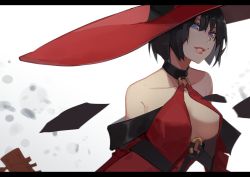 Rule 34 | 1girl, artist name, bare shoulders, black hair, blue eyes, bob cut, breasts, cleavage, collarbone, commentary, electric guitar, english commentary, guilty gear, guilty gear xrd, guitar, hair between eyes, hat, high collar, i-no, ian olympia, instrument, large breasts, large hat, letterboxed, lips, mole, mole under eye, o-ring, o-ring top, open mouth, sideboob, simple background, solo, witch hat