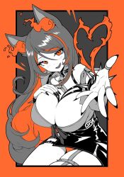 Rule 34 | 1girl, animal ears, belt, black nails, black skirt, bow, bowtie, breasts, chain, cleavage, collar, commentary, cowboy shot, detached sleeves, english commentary, facing viewer, fire, grey hair, grey shirt, hand on own chest, heart, high-waist skirt, indie virtual youtuber, large breasts, light blush, long hair, looking at viewer, miniskirt, multicolored hair, nanoless, off shoulder, orange eyes, orange fire, orange hair, orange panties, panties, pantyshot, partially colored, pencil skirt, reaching, reaching towards viewer, shirt, sinder (vtuber), sinder (vtuber) (1st costume), skirt, smile, spiked collar, spikes, streaked hair, thigh strap, thighs, two-tone hair, underwear, virtual youtuber, wolf ears, wolf girl