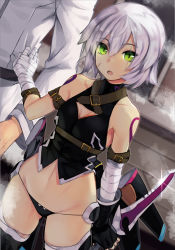 Rule 34 | 1boy, 1girl, :d, :o, arm tattoo, bandaged arm, bandages, bare shoulders, black gloves, black panties, black thighhighs, blush, breasts, buckle, cleavage, cleavage cutout, clothing cutout, cowboy shot, dagger, dutch angle, fate/grand order, fate (series), fingerless gloves, fog, fujimaru ritsuka (male), glint, gloves, green eyes, hair between eyes, holding, holding weapon, jack the ripper (fate/apocrypha), knife, long sleeves, looking at viewer, navel, open mouth, out of frame, panties, reverse grip, scar, scar across eye, scar on face, scottie (phantom2), silver hair, single fingerless glove, single glove, small breasts, smile, solo focus, standing, stomach, tattoo, thighhighs, tsurime, underwear, uniform, weapon