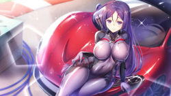 Rule 34 | 1girl, bodystocking, bodysuit, breasts, car, fate/grand order, fate (series), highres, iro ame (amewaagada), large breasts, long hair, looking at viewer, mclaren, minamoto no raikou (fate), motor vehicle, navel, purple eyes, purple hair, shiny clothes, smile, solo, very long hair