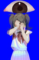 Rule 34 | 1girl, absurdres, ame-chan (needy girl overdose), black hair, black ribbon, blue background, blue shirt, blue skirt, brown eyes, chouzetsusaikawa tenshi-chan, collar, collared shirt, commentary request, covering face, disembodied eye, facing viewer, fusion, hair tie, hands on own face, hands up, highres, long hair, looking at another, mu gu gu, neck ribbon, needy girl overdose, pleated skirt, red shirt, ribbon, shirt, simple background, skirt, solo, suspenders, twintails, white collar