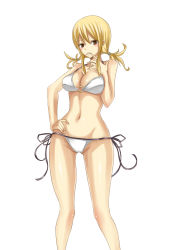 Rule 34 | 1girl, bare shoulders, bikini, blonde hair, breasts, brown eyes, cleavage, fairy tail, finger to mouth, groin, hand on own hip, highres, hip focus, large breasts, legs, long hair, looking at viewer, lucy heartfilia, parted lips, simple background, solo, standing, swimsuit, thighs, white background, xsorax812