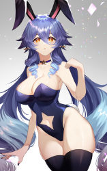 Rule 34 | 1girl, absurdres, alternate costume, animal ears, bare arms, bare shoulders, black nails, black thighhighs, blue choker, blue hair, blue leotard, breasts, bright pupils, choker, cleavage, clothing cutout, cowboy shot, drill hair, drill sidelocks, fake animal ears, fake tail, genshin impact, grey background, hair between eyes, hair flaps, hand up, highleg, highleg leotard, highres, large breasts, layla (genshin impact), legs together, leotard, looking at viewer, nail polish, navel, navel cutout, orange eyes, parted lips, playboy bunny, pointy ears, rabbit ears, rabbit tail, revision, sakotach, sidelocks, skindentation, solo, strapless, strapless leotard, tail, thighhighs, thighs, twin drills, white pupils